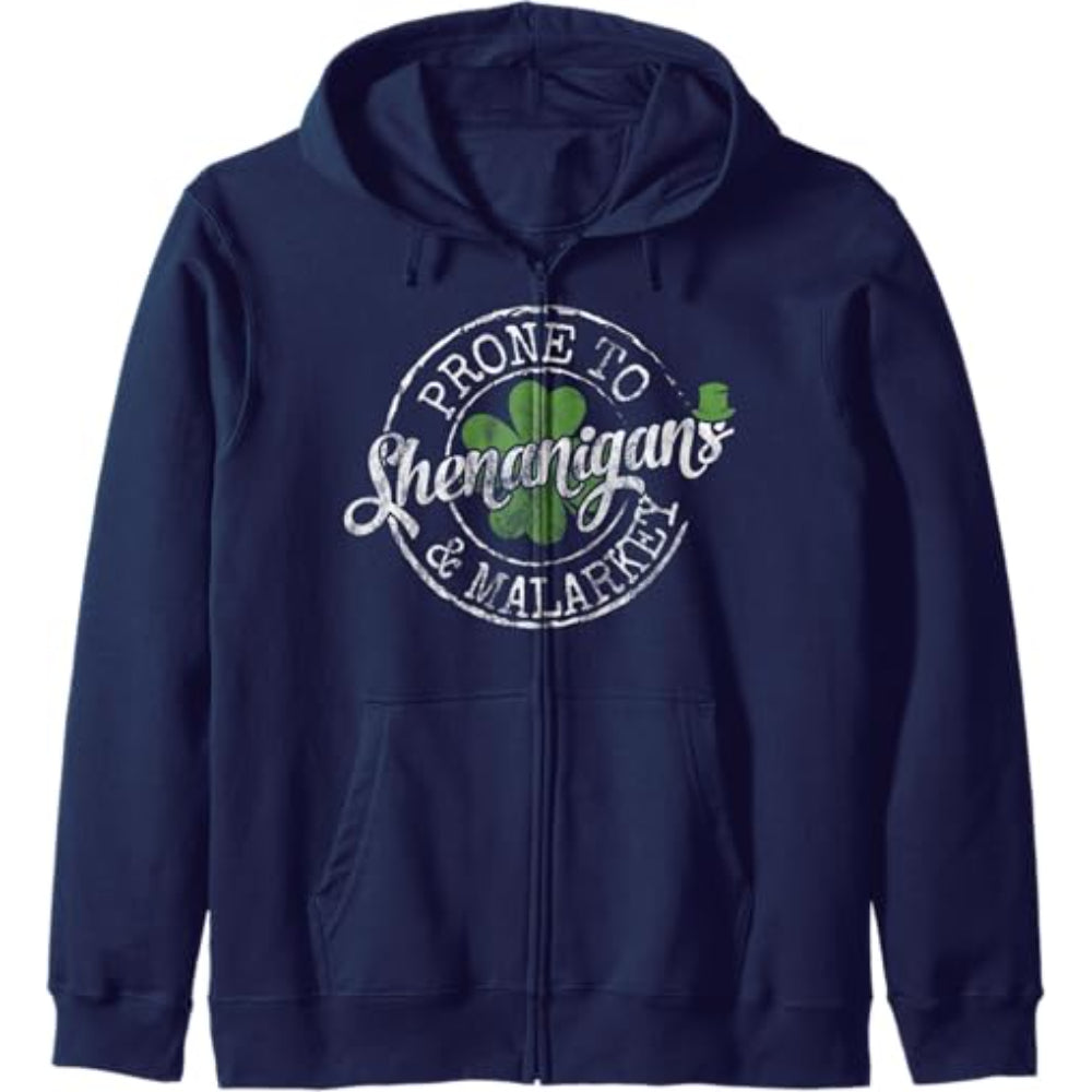 Graphic Zip Up Hoodie With Text And Clover Design Navy Blue