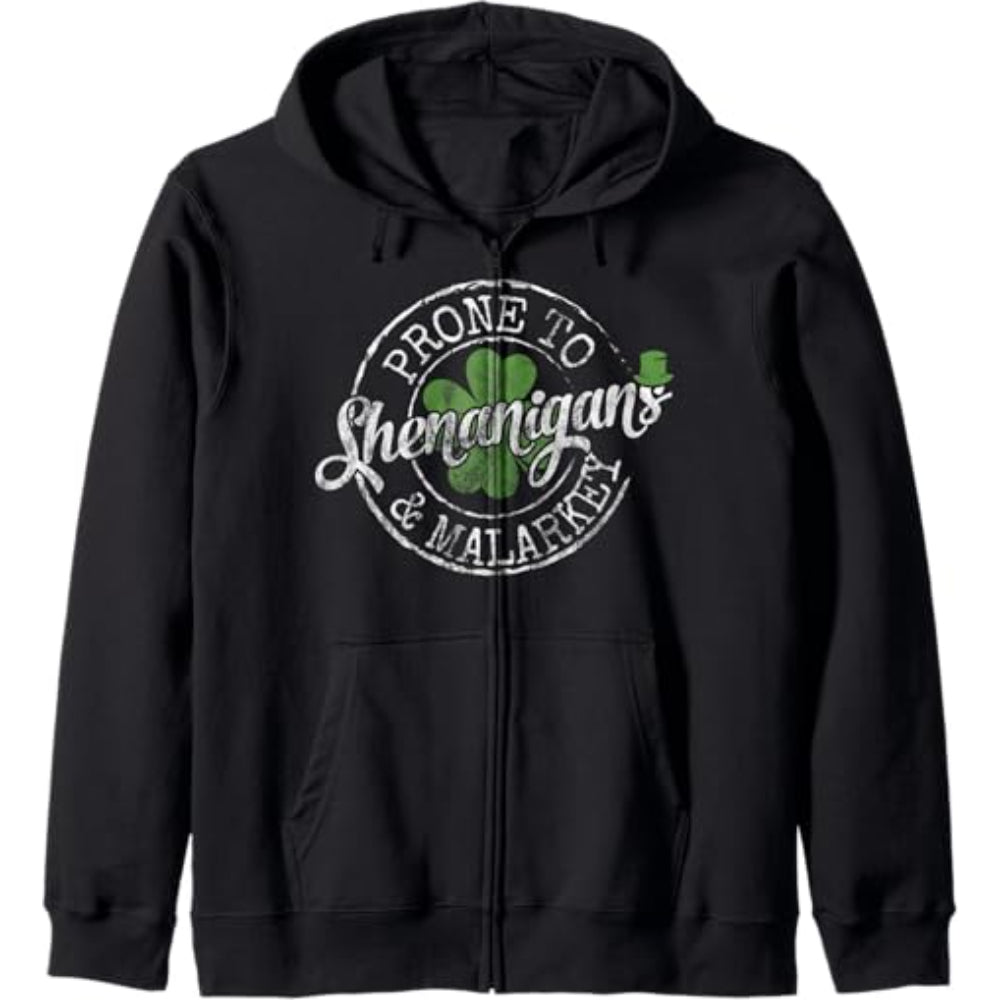Graphic Zip Up Hoodie With Text And Clover Design Black