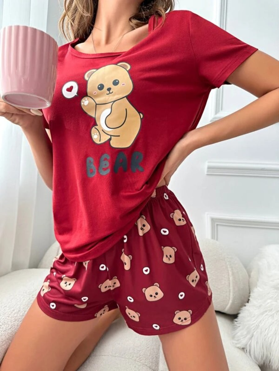 Bear And Letter Graphic Shorts Set-Soco Hoodie