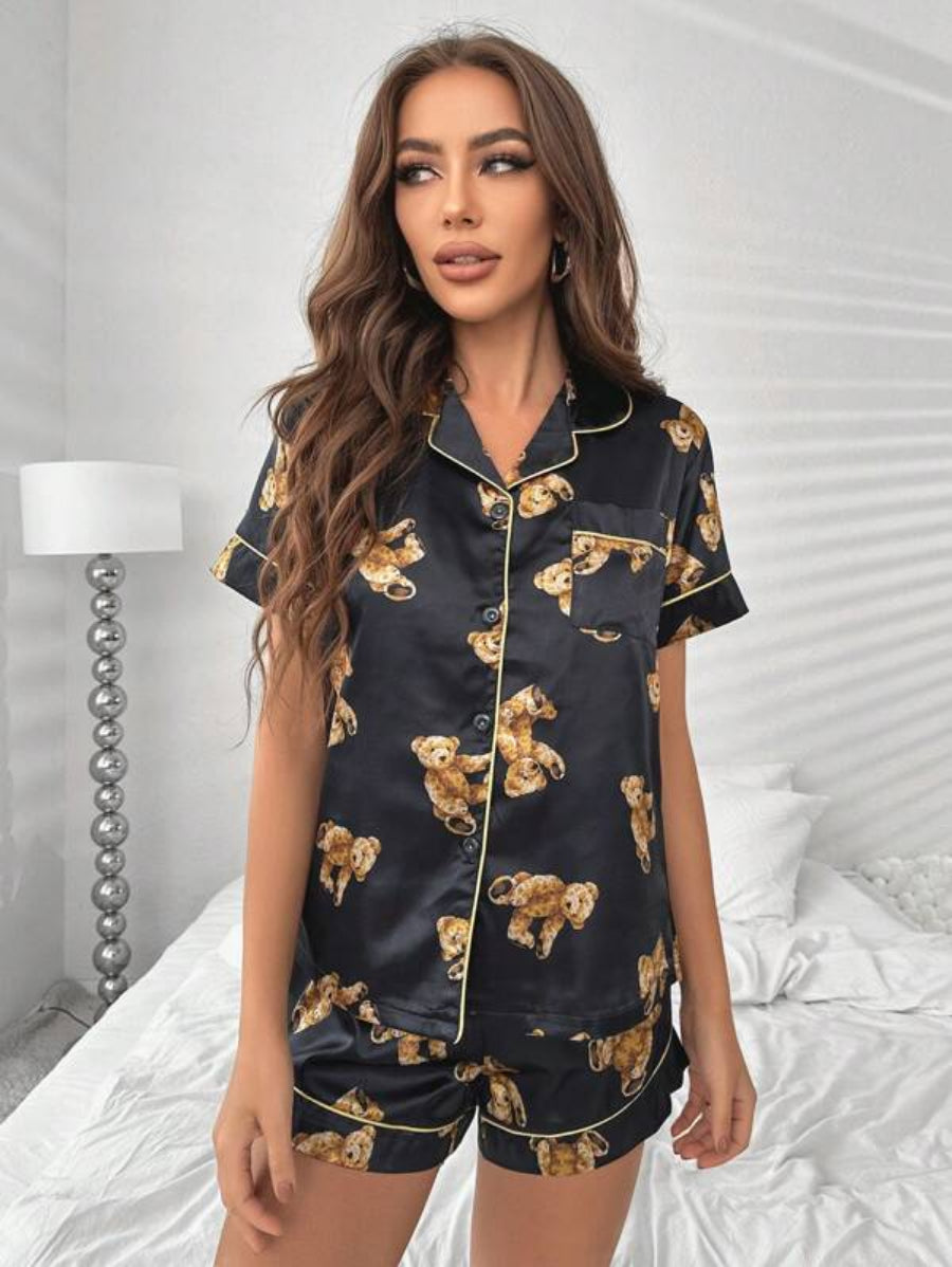 Bear Print Contrast Piping Satin Set-Soco Hoodie