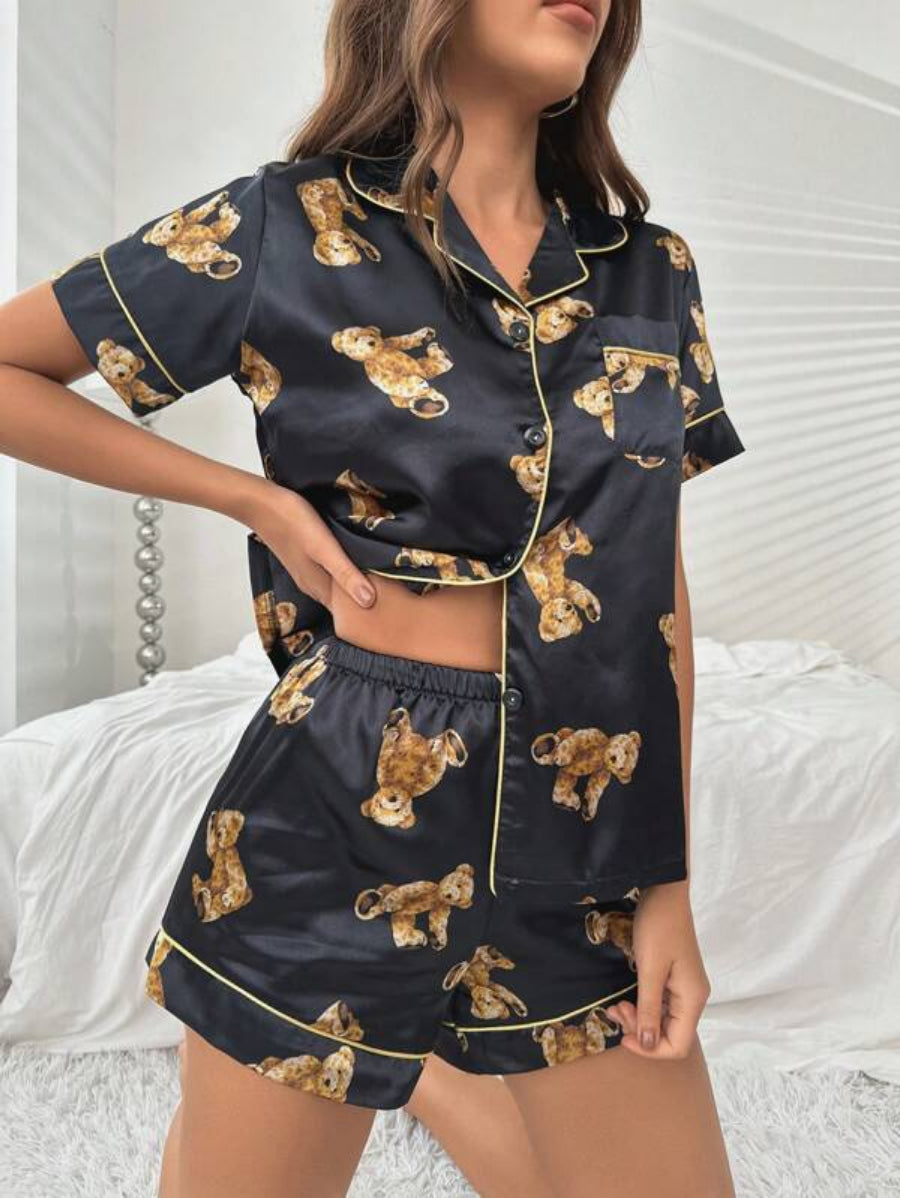 Bear Print Contrast Piping Satin Set-Soco Hoodie