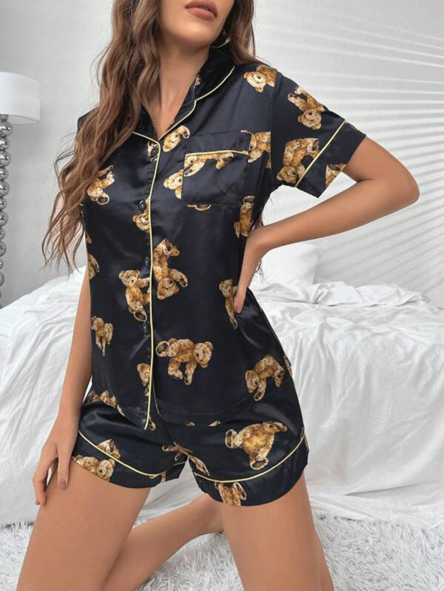 Bear Print Contrast Piping Satin Set-Soco Hoodie