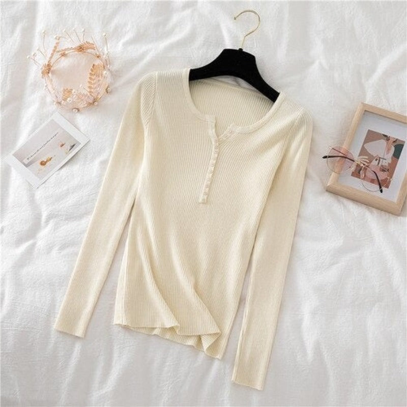 V-Neck Knitted Thin Long Sleeves Pullover For Women-Soco Hoodie