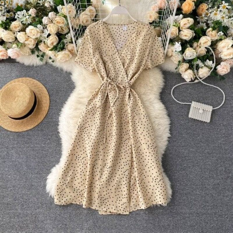 Korean V-neck Polka Dot Shorts Sleeve Dress For Women-Soco Hoodie