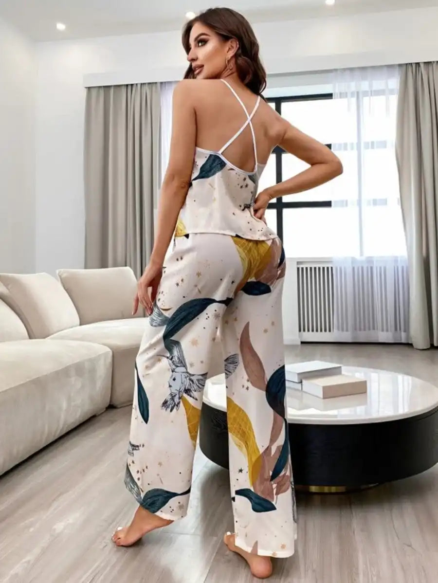 Bird And Leaf Print Crisscross Back Pajama Set-Soco Hoodie