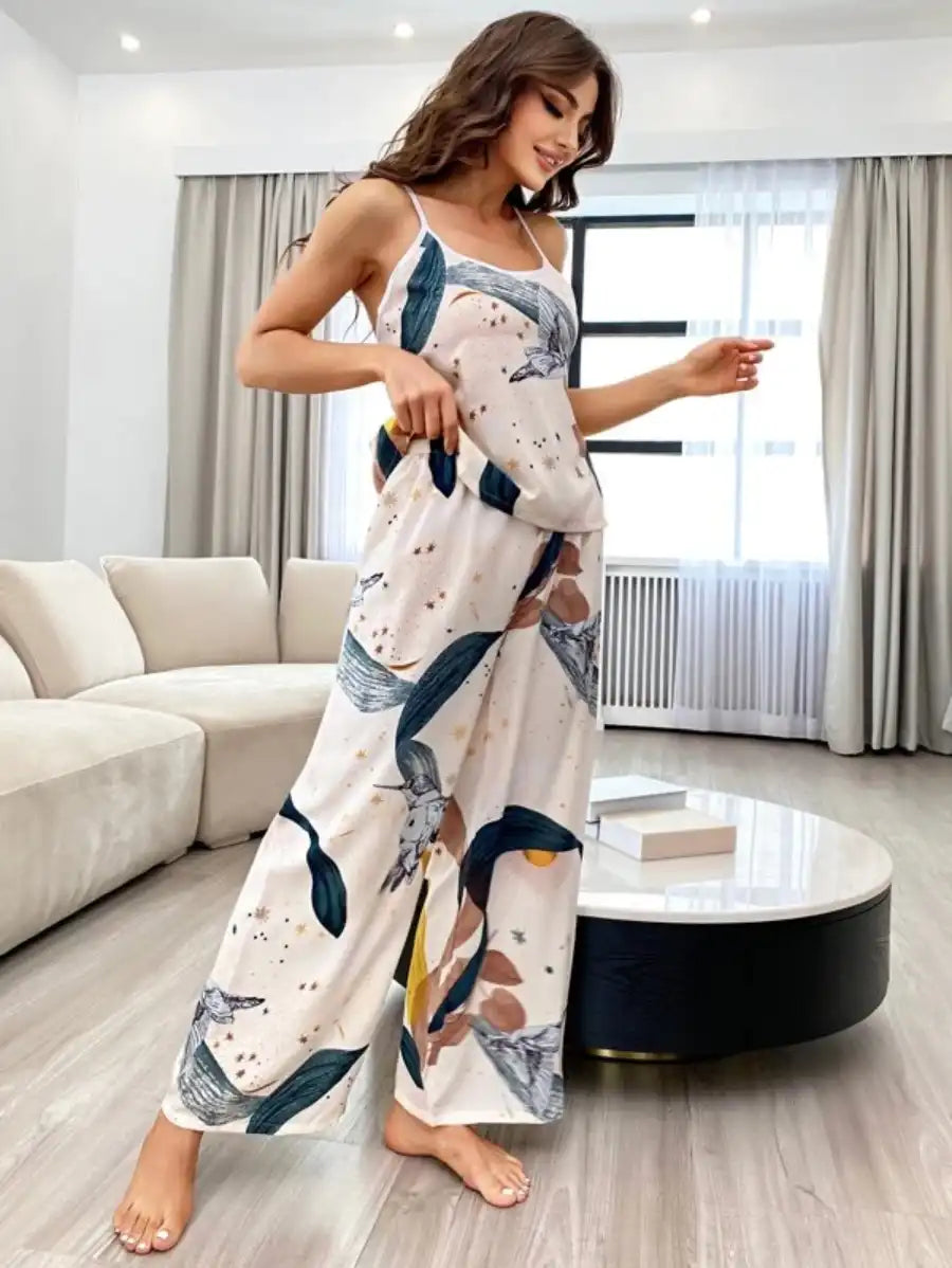 Bird And Leaf Print Crisscross Back Pajama Set-Soco Hoodie