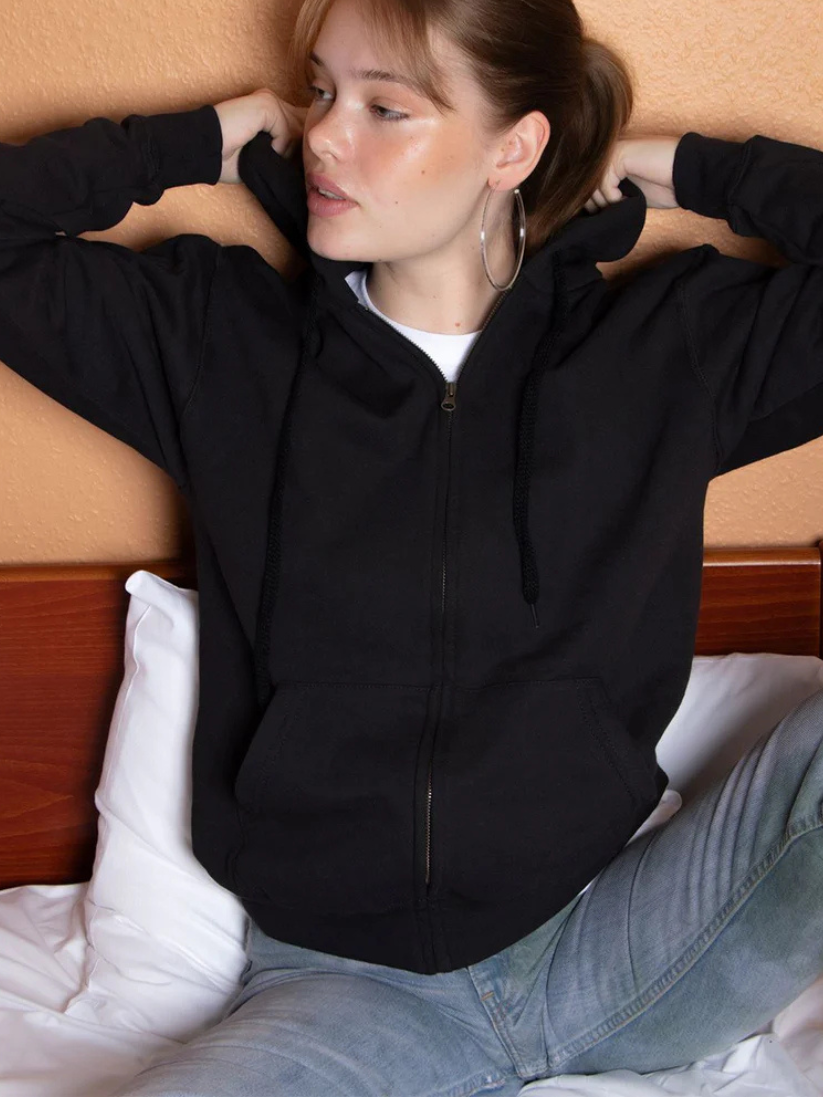 Casual Zip Up Hoodie With Adjustable Hood Black