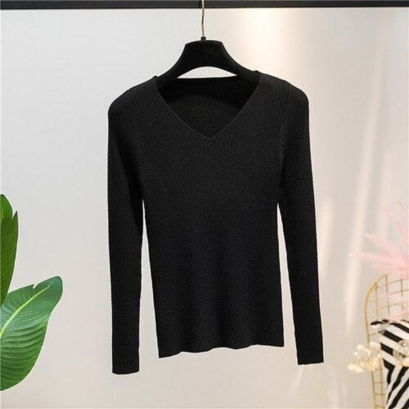 V-Neck Knitted Long-Sleeved Slim Tight Pullover For Women-Soco Hoodie
