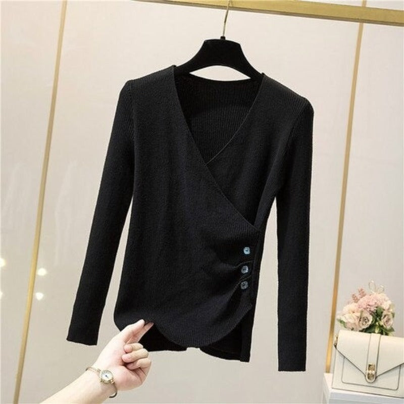 V-Neck Elegant Button Long-Sleeved Pullover For Women-Soco Hoodie