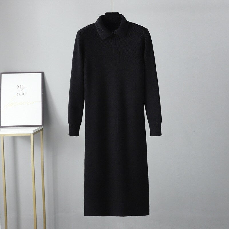 Oversized Polo Collar Knitted Long Straight Sweater Dress-Soco Hoodie