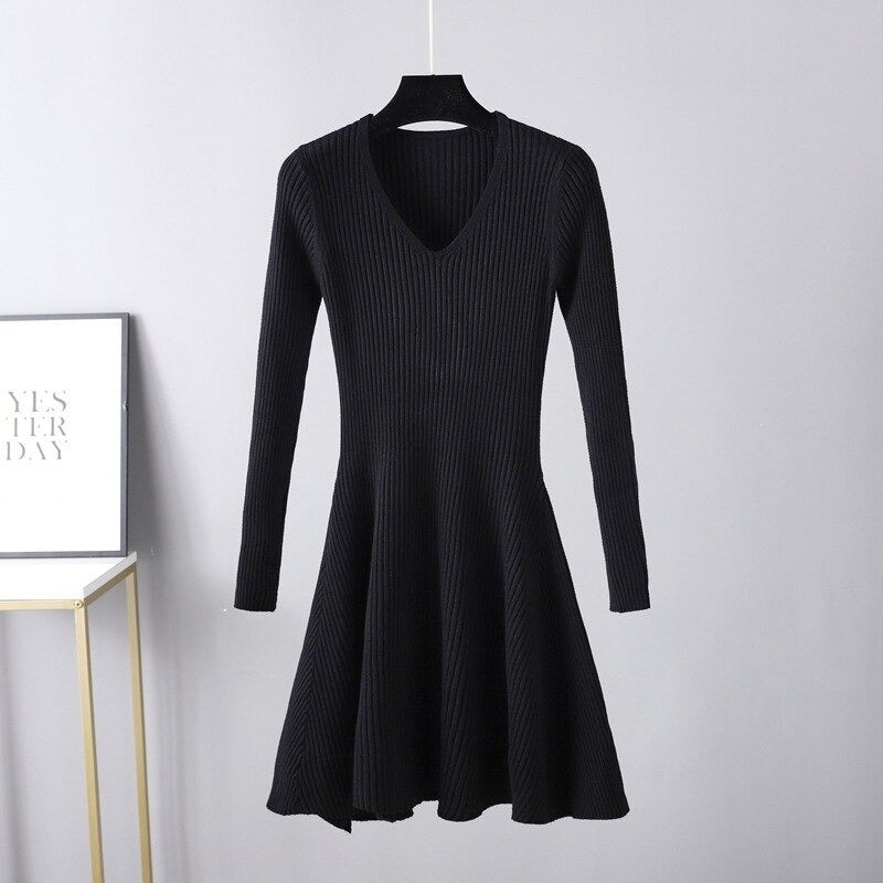 Autumn Oversize V-Neck Knitted Sweater Dress For Women-Soco Hoodie