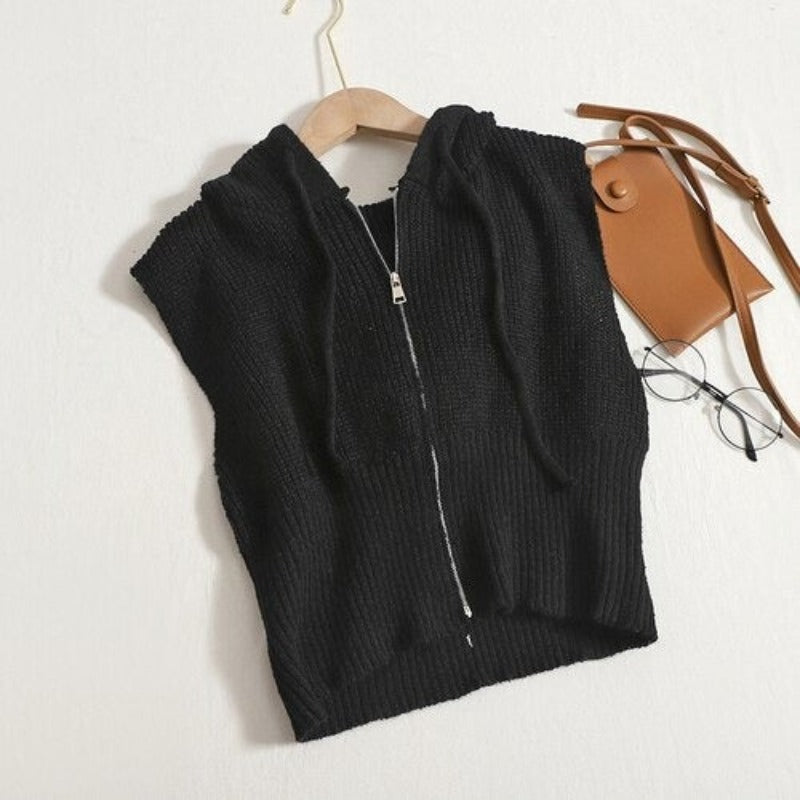 Loose Knitted Hooded Zipper Sweater Vest For Women-Soco Hoodie