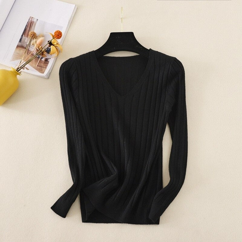 Basic V-Neck Solid Bodycon Knitted Sweater For Women-Soco Hoodie