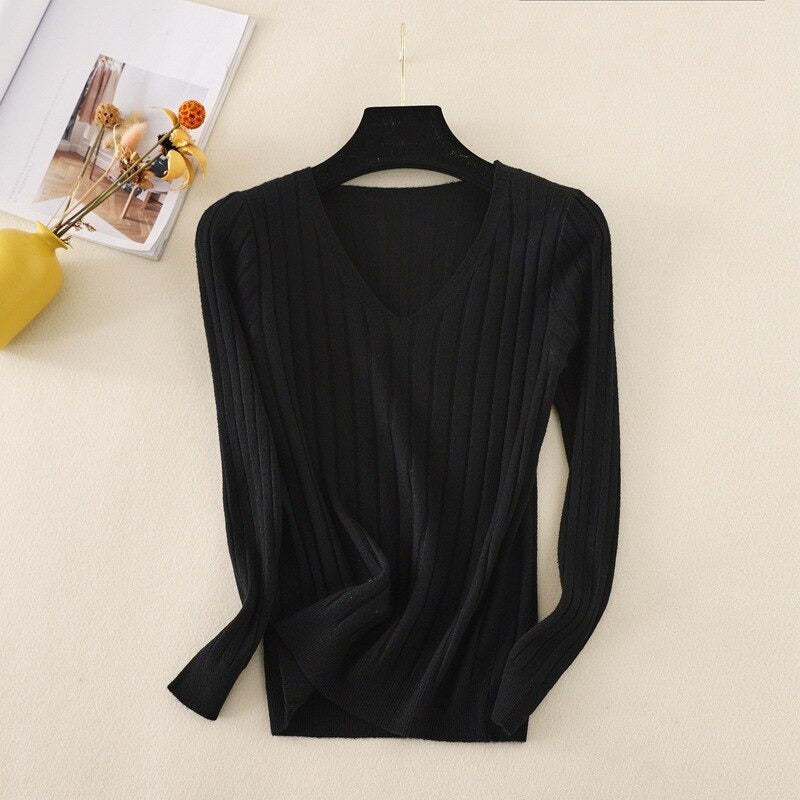 Basic V-Neck Solid Bodycon Knitted Sweater For Women-Soco Hoodie