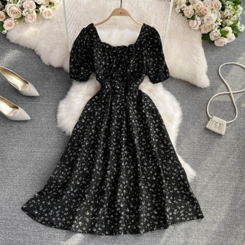High Waist Floral Chiffon Short Sleeve Dress For Women-Soco Hoodie