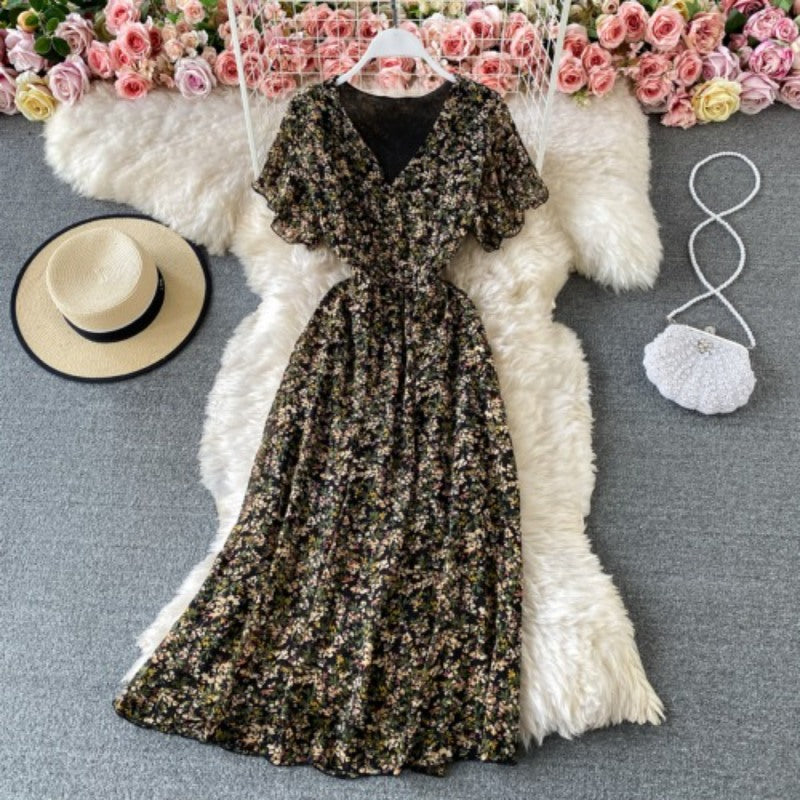 Printed V-Neck Ruffles Short Sleeve Dress For Women-Soco Hoodie