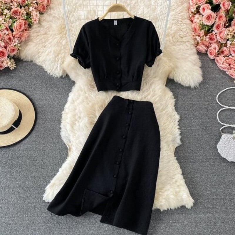 Retro Elegant Puff Sleeve Short Top With Skirt For Women-Soco Hoodie