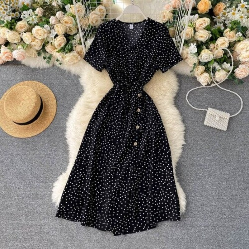 Korean V-neck Polka Dot Shorts Sleeve Dress For Women-Soco Hoodie