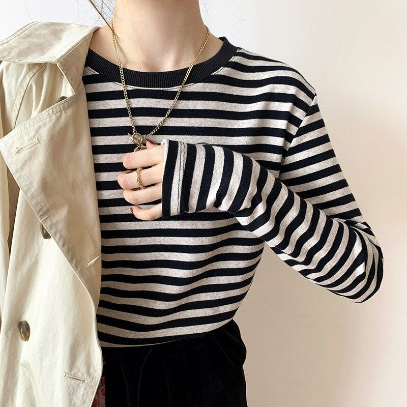 Casual Thick Stripes Knitted Cotton T-Shirts For Women-Soco Hoodie