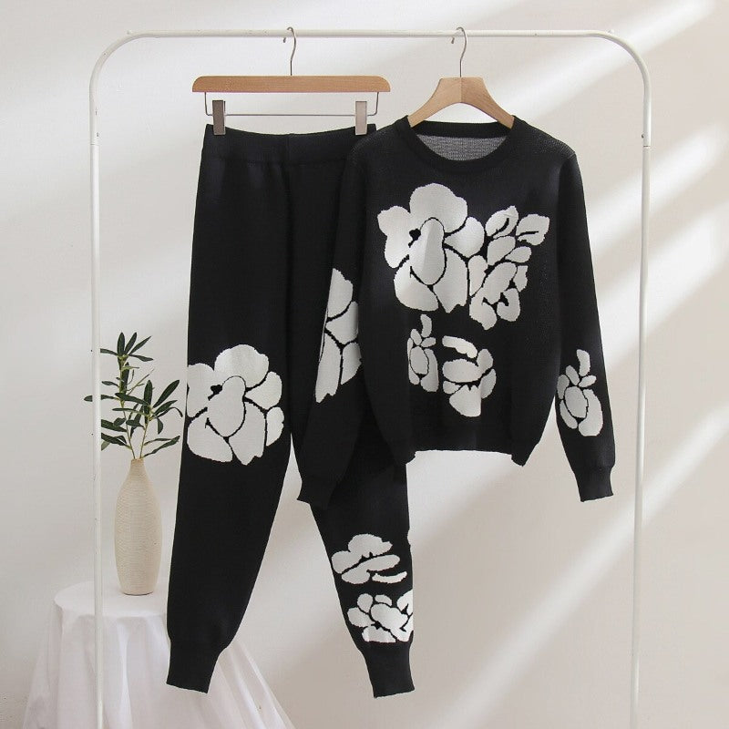 Casual Flower Printed Knitted Two-Piece Set For Women-Soco Hoodie