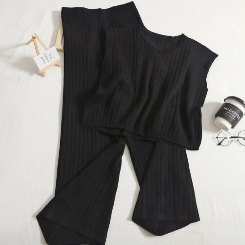 Casual Solid Color Sleeveless Vest And High Waist Leg Pants Set-Soco Hoodie