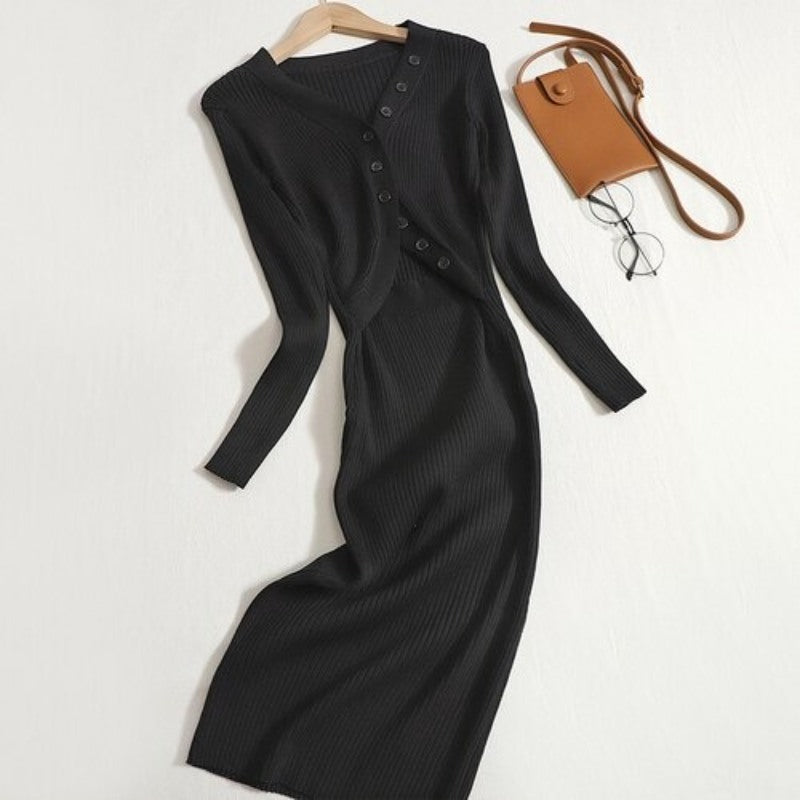 Elegant Hollow Out V-neck Long Sweater Dress For Women-Soco Hoodie