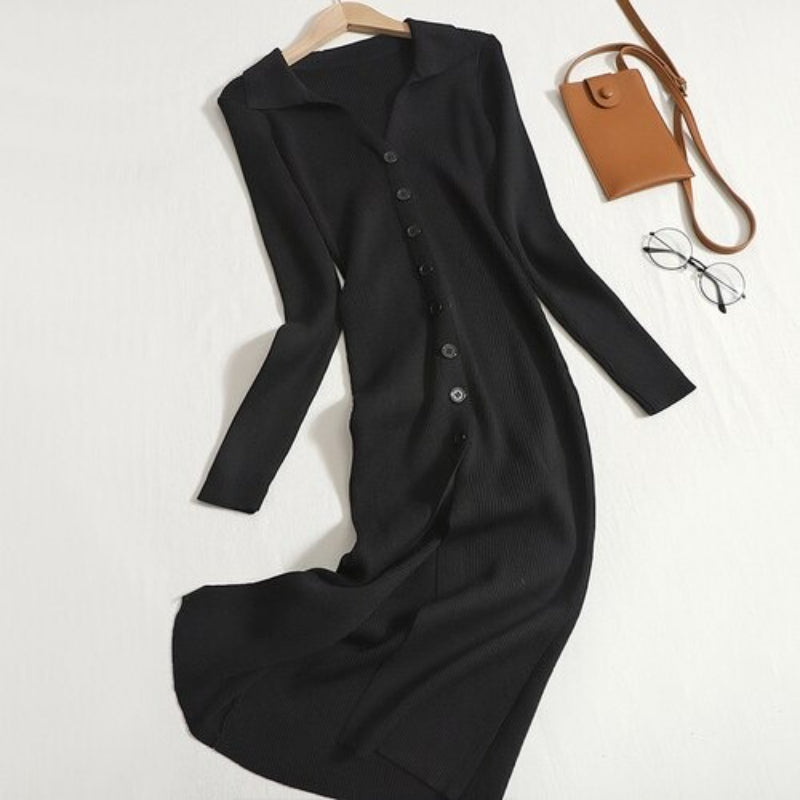 Button Down Elastic Knitted Sweater Dress-Soco Hoodie