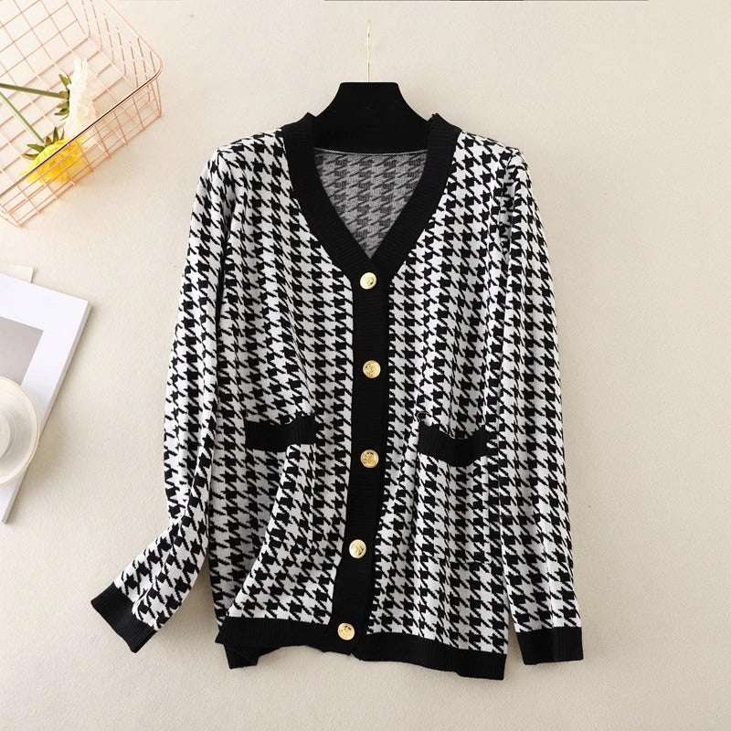 Elegant Houndstooth Knit Oversized Cardigan For Women-Soco Hoodie