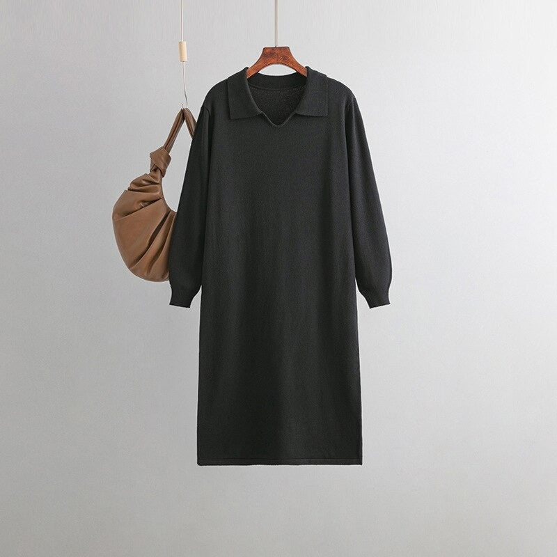 Polo Neck Loose Oversized Knitted Sweater Dress-Soco Hoodie