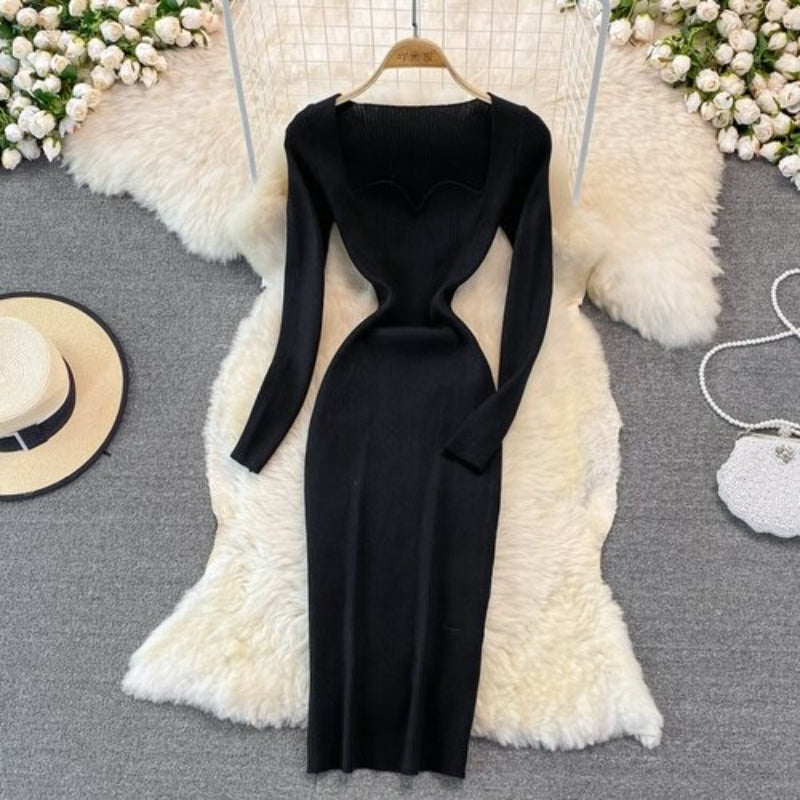 Women's Low-Neck Leaky Tight Stretch Knitted Dress-Soco Hoodie