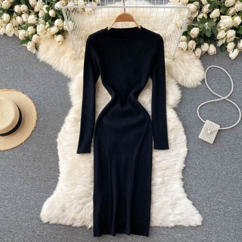 Elegant O Neck Tight Stretch Knit Dress For Women-Soco Hoodie