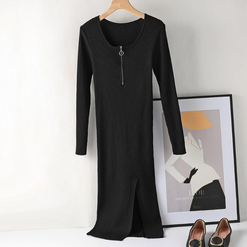 Slim Fit Knitted Long Sleeved Zipper Dress-Soco Hoodie