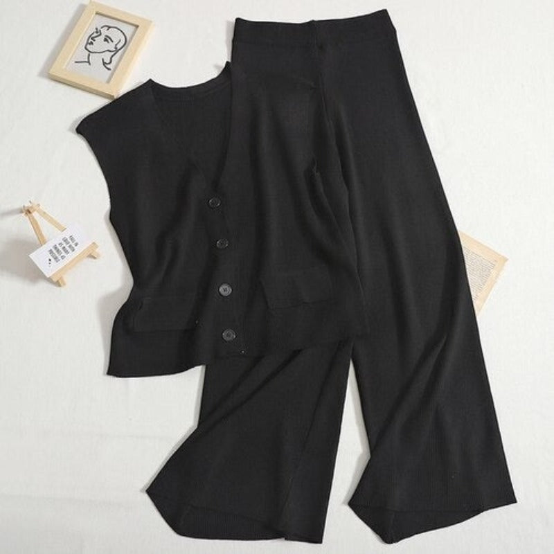 Retro Knitted Loose V-Neck Top And Pants Sets-Soco Hoodie