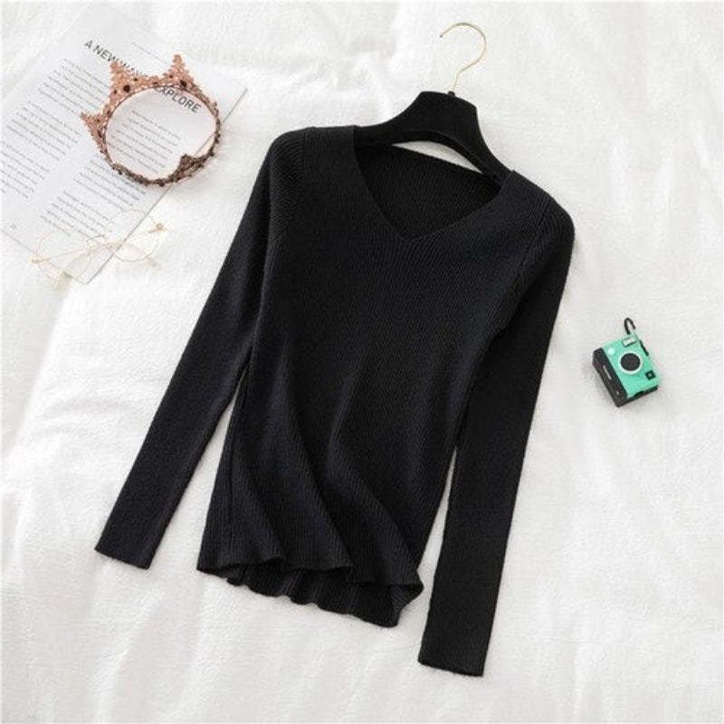 Woolen V-Neck Long-Sleeved Knitted Pullover For Women-Soco Hoodie