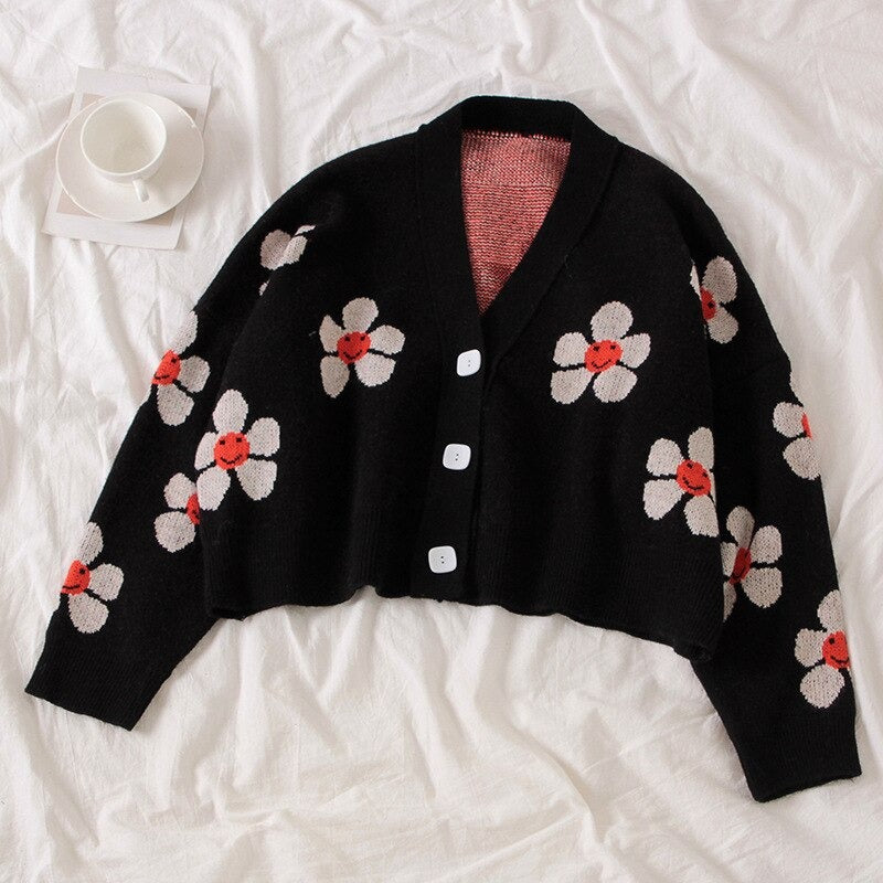 V-Neck Knitwear Loose Floral Knitted Sweater Cardigan Black One Size