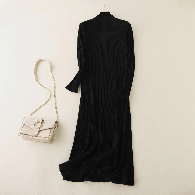 Pleated Mock Neck Knitted Sweater Dress-Soco Hoodie