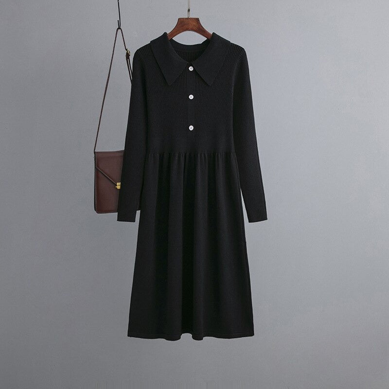 Long Pleated V-Neck A-Line Knitted Sweater Dress-Soco Hoodie