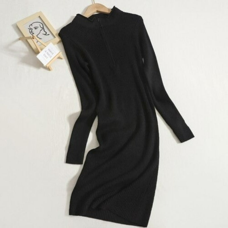 Women's Zipper Collar Thin Knit Sweater Dress-Soco Hoodie