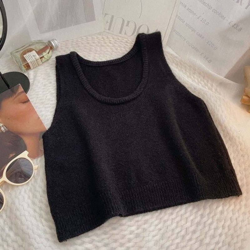 Solid Sleeveless Short Knitted Pullover Sweater Vest-Soco Hoodie