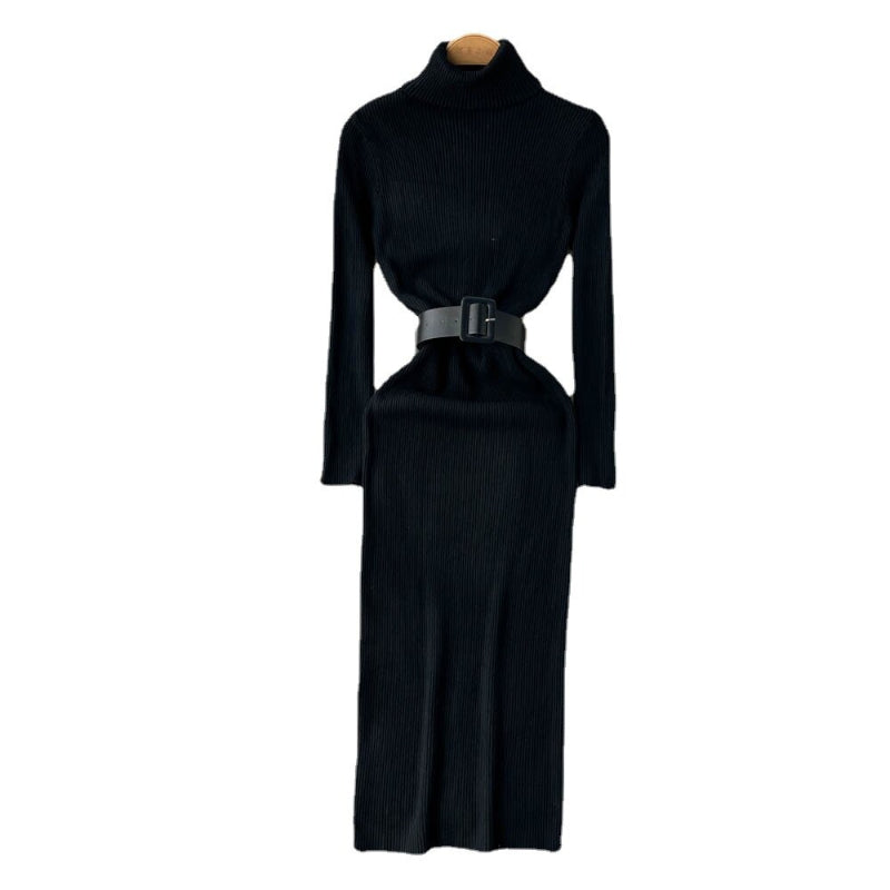 Long Turtleneck A-Line Knitted Bodycon Dress With Belt-Soco Hoodie