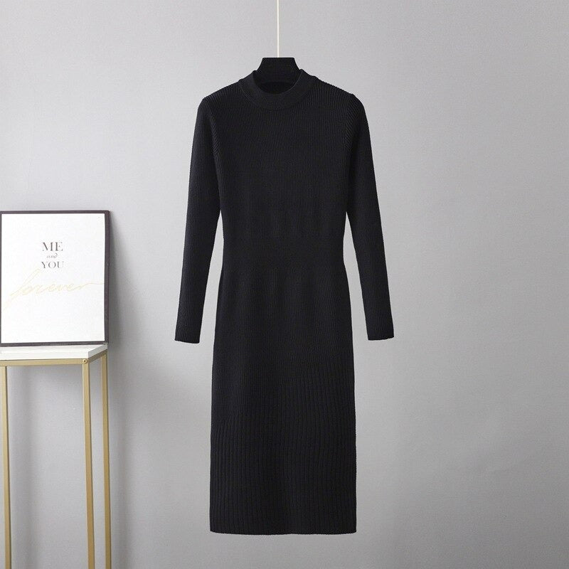 Half Turtleneck Over-The-Knee Fit Knitted Sweater Dress-Soco Hoodie