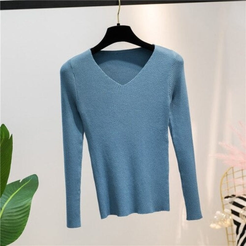 V-Neck Knitted Long-Sleeved Slim Tight Pullover For Women-Soco Hoodie