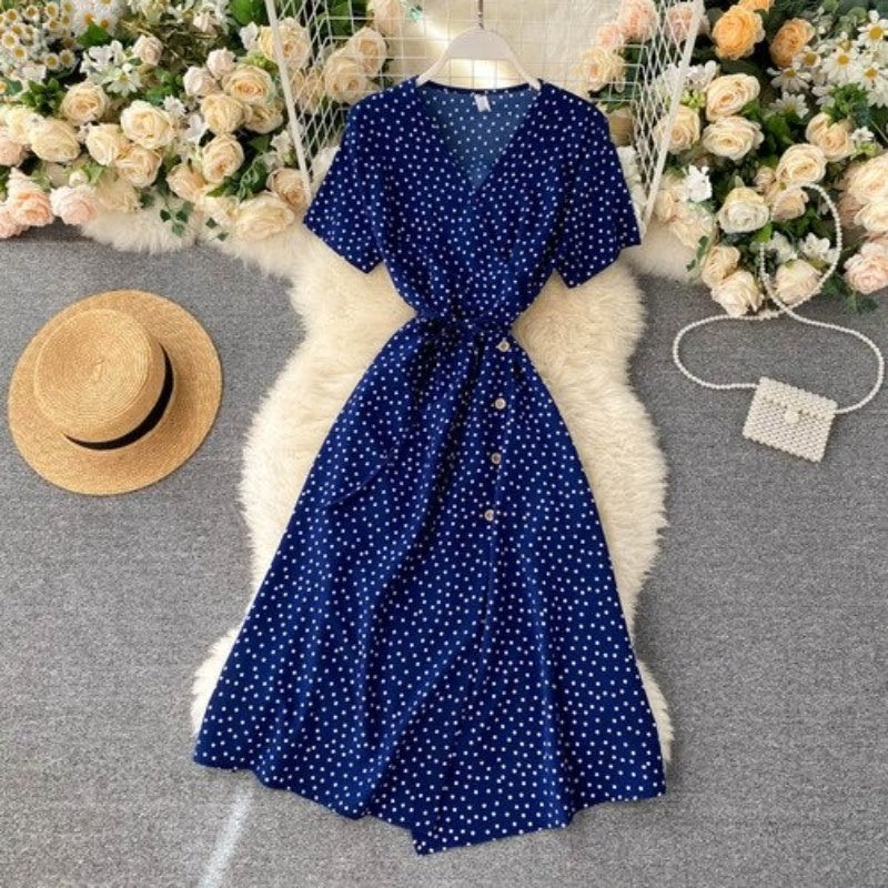 Korean V-neck Polka Dot Shorts Sleeve Dress For Women-Soco Hoodie