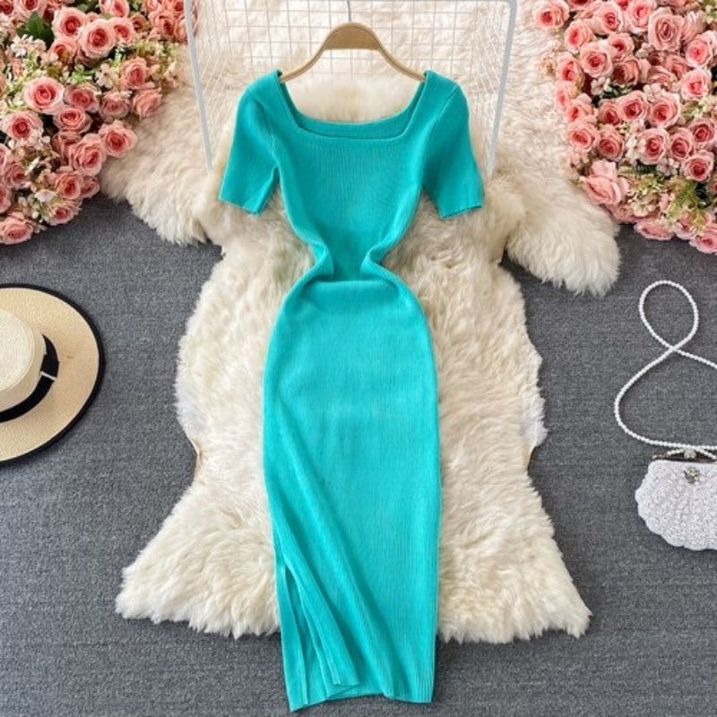 Retro Slit Slim Knitted Short Sleeve Dress For Women-Soco Hoodie