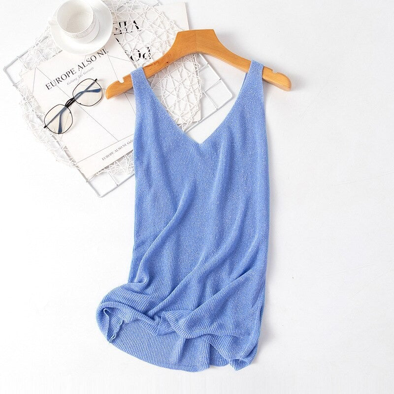 V-Neck Loose Bright Knitted Camisole Tanks For Women-Soco Hoodie
