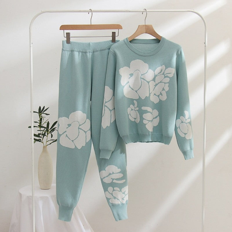 Casual Flower Printed Knitted Two-Piece Set For Women-Soco Hoodie