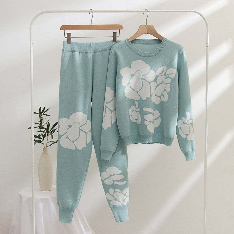 Casual Flower Printed Knitted Two-Piece Set For Women-Soco Hoodie
