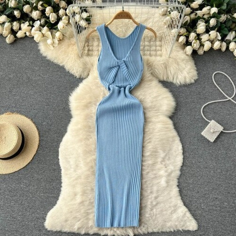 Split Knitted Casual Twisted Hollow Slim Dress For Women-Soco Hoodie