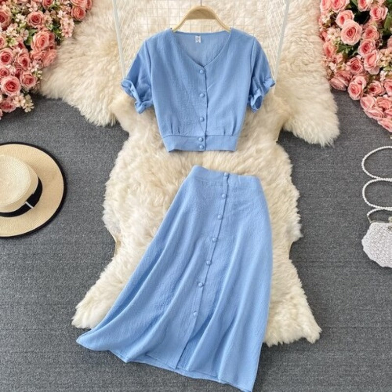 Retro Elegant Puff Sleeve Short Top With Skirt For Women-Soco Hoodie