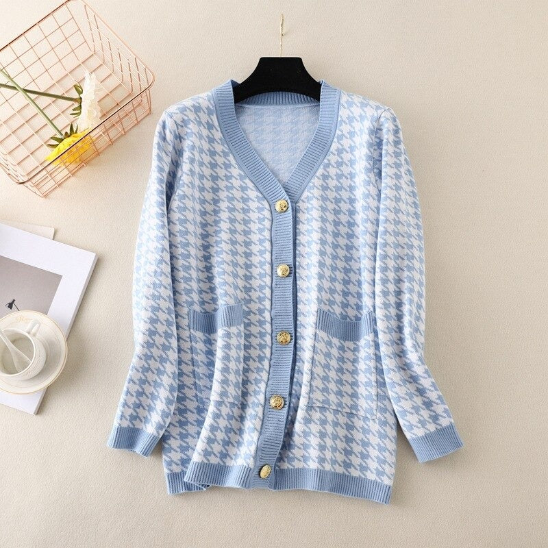 Elegant Houndstooth Knit Oversized Cardigan For Women-Soco Hoodie